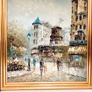 Original Mid-Century Ölgemälde des Moulin Rouge Cabaret, PARIS, signiert von BOUCHER / Post-Impressionist / Retro Interiors