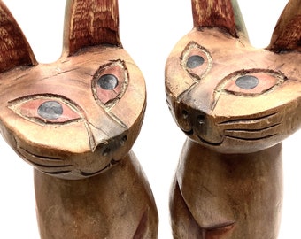 Impressive and Rare Pair of FLAT-FACE Magnificent & Tall 50cm Hand-Carved Solid Teak Wood Siamese Cats with Fabulous Detailing