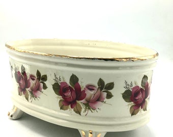 Antique English Staffordshire Jardinière Decorated with Roses / Downton Abbey Decor / Victorian Planter / 19th Century Flower Trough