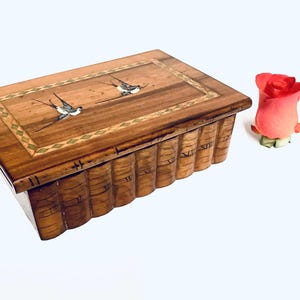 Antique Treen Italian Sorrento Secret Compartment Puzzle Box with Hand-painted Blue Birds / Faux Book Storage Box / Victorian Trinket Box