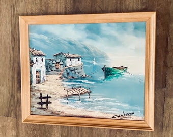 Superbe Milieu du siècle méditerranéen SeaScape / Original Retro Painting of a Bay avec bateau de pêche et maisons blanchies à la chaux
