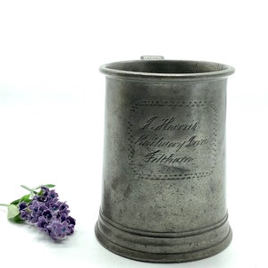 Antique mid 19th Century Pewter Quart Measure Tankard made by Samuel Thomas South, London / Victorian Innkeeping / Collectible Brewerania