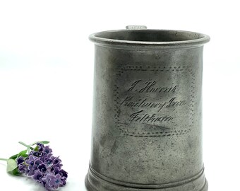Antique mid 19th Century Pewter Quart Measure Tankard made by Samuel Thomas South, London / Victorian Innkeeping / Collectible Brewerania