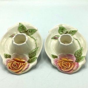 VERY RARE FINE Royal Winton Grimwades Art Deco English Rose Pair of Candle-holders // Beautiful & Perfect Romantic Porcelain Candlesticks