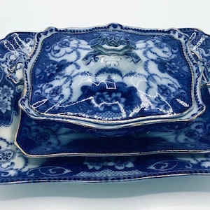 Impressive and Rare English 3-Piece Flow Blue Serving Set by Ford & Son / Staffordshire 19th century Tureen, Platter and Meat Plate image 1