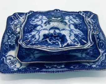 Rare English 3-Piece Flow Blue Serving Set by Ford & Son / Staffordshire 19th century Tureen, Platter and Meat Plate