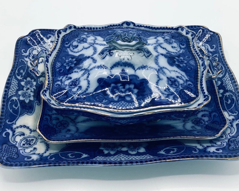 Impressive and Rare English 3-Piece Flow Blue Serving Set by Ford & Son / Staffordshire 19th century Tureen, Platter and Meat Plate image 1