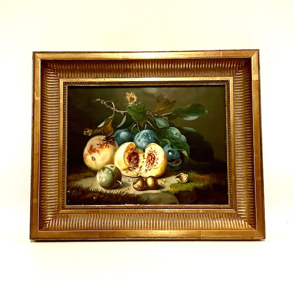 Antique 19th Century Still Life with Peaches Oleograph Painting by Amalie Kärcher