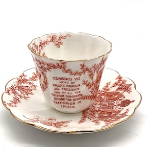 King Edward VII Coronation & Accession Tea Cup + Saucer 1901 / British Royalty Memorabilia / Rare Staffordshire (England) Colour Combination