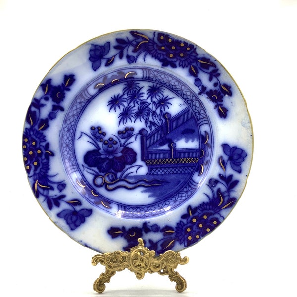 Antique FLOW BLUE Plate by Samuel Alcock “ORIENTAL” Pattern / 19th Century Blue & Gold Plate with Balustrade, Water and Botanical Decoration