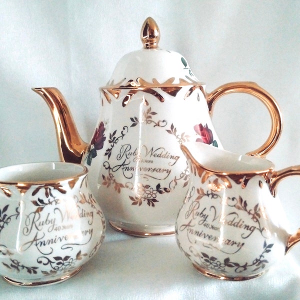 PERFEKTER ZUSTAND! ENGLISCHE Arthur Holz Rubin Hochzeit Jahrestag Teekanne Set, Geschenk für 40 Jahre verheiratet, Staffordshire 3 Stück Teatime Set