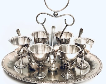 Antique 19th Century English Butler’s Silver Plated Egg Cruet for Six c. 1880 / Victorian Egg Cups & Stand / Breakfast at Downton Abbey