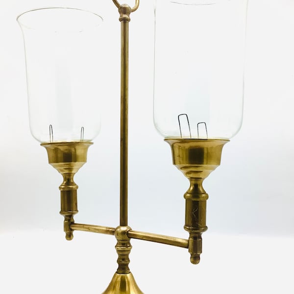 Brass Two-Arm Student Candle Lamp with Hurricane Shades made in India (1950’s) / Romantic Candlelight /  Mid-century Twin Candle-Holder
