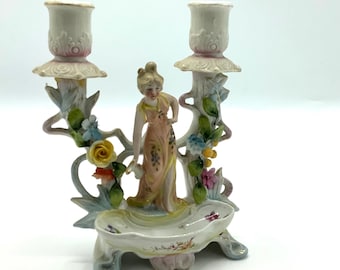 Fabulous! 19th Century German Lady Double Candleholder with Font or Trinket Dish / Meissen Style Romantic Candlestick