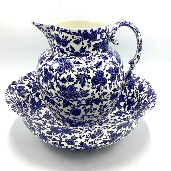 RARE Impressive English Staffordshire Ewer & Basin BURLEIGH “ARDEN” Pattern / Blue and White Display / Chintz Pitcher + Bowl made in England