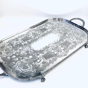 Impressive X-Large 57cm Antique Silver-plated Viners of Sheffield (England) Scrolled Butler’s Tray / Downton Abbey Fine Dining Serving Tray
