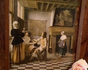 Vintage (1944) Framed PIETER De HOOCH PRINT, Mid-century Copy of Famous Old Dutch Masters Painting, Romantic 17th Century Dutch Wall-hanging