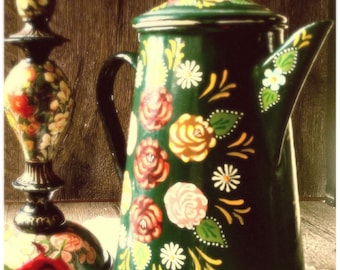 HAND-PAINTED in HEAVEN! A Stunning Enamel Folk Art Teapot from Poland / Vintage Eastern European Bargeware Kitchenalia