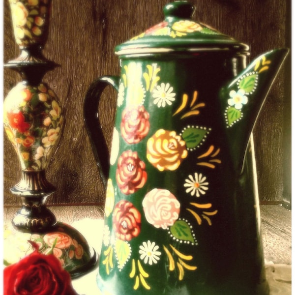 HAND-PAINTED in HEAVEN! A Stunning Enamel Folk Art Teapot from Poland / Vintage Eastern European Bargeware Kitchenalia
