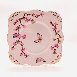 PERFECT ~ PRETTY ~ PINK English “Tuscan” Staffordshire Square Cake Server with Butterflies & Cherry Blossom / Vintage Afternoon Tea