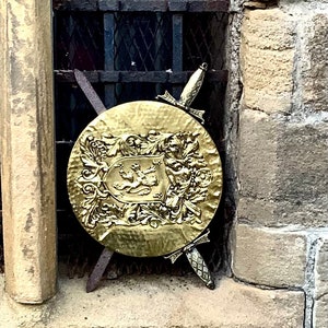 Antique Brass Heraldry Shield with Rampant Lion & Crossed Swords Made in England / Old English Inn or Ale-House Decorative Wall Hanging