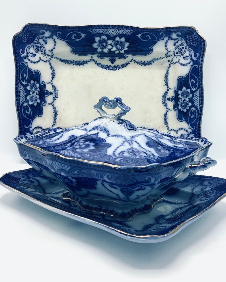 Impressive and Rare English 3-Piece Flow Blue Serving Set by Ford & Son / Staffordshire 19th century Tureen, Platter and Meat Plate image 4