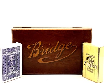 Vintage English Walnut Wooden Bridge Card Holder with Two Unopened Rare Card Packs Including Gaymer’s Old English Cyder