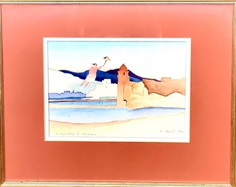 Original Contemporary French Whimsical Watercolour of Château Royal de Collioure Signed and Dated (1980) Professionally Framed