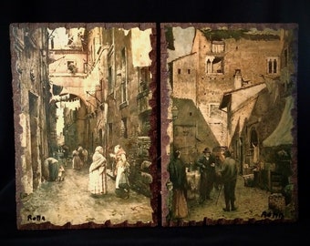 Paire d’estampes du milieu du siècle Franz ROESLER ''ROMA SPARITA'' sur bois, scène de rue pavée méditerranéenne, œuvre d’art renommée ''Disappearing Italy'