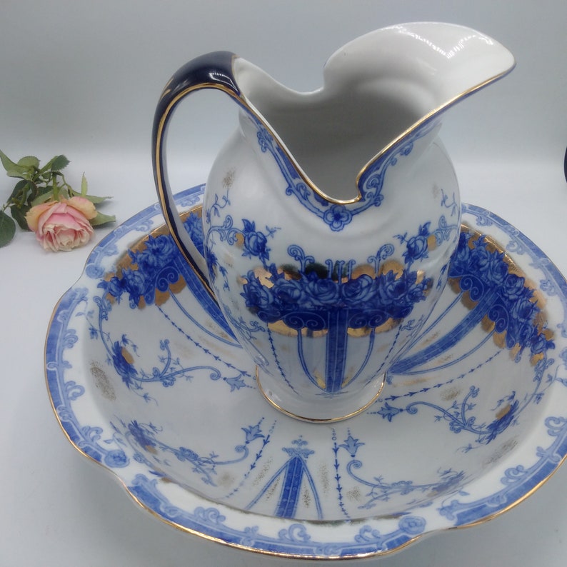 Magnificent French SÈVRES STYLE Ewer & Bowl / Art Nouveau Pitcher and Basin with Spurious Sevres Stamp / For Lovers of Blue White China image 5
