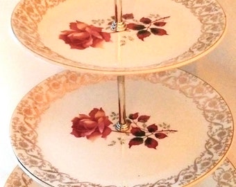 Exquisite! Viscount Staffordshire Triple ROSE & 22kt GOLD CAKE Stand, Magnificent Wedding-Cake Centrepiece, Romantic 3-Tier Table Server