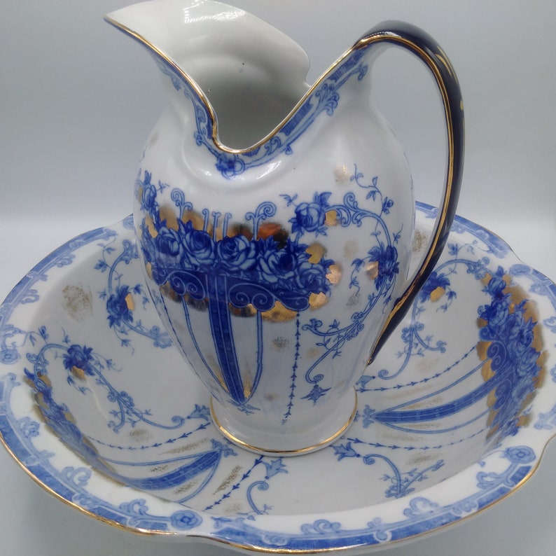 Magnificent French SÈVRES STYLE Ewer & Bowl / Art Nouveau Pitcher and Basin with Spurious Sevres Stamp / For Lovers of Blue White China image 4