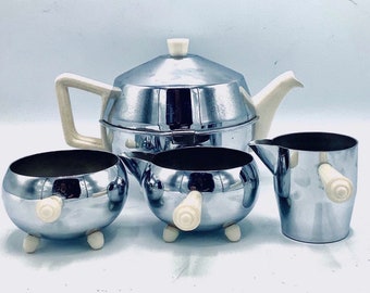 ATOMIC INSULATED EVERHOT 4-Piece Teapot Set / Mid-century Space Age Tableware / English P.B.B Patented Futuristic Metallic Tea Set