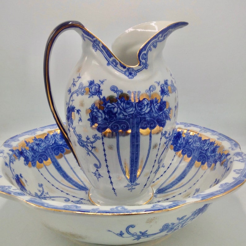 Magnificent French SÈVRES STYLE Ewer & Bowl / Art Nouveau Pitcher and Basin with Spurious Sevres Stamp / For Lovers of Blue White China image 6