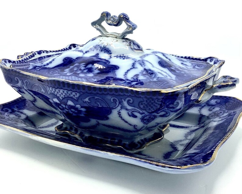 Impressive and Rare English 3-Piece Flow Blue Serving Set by Ford & Son / Staffordshire 19th century Tureen, Platter and Meat Plate image 8