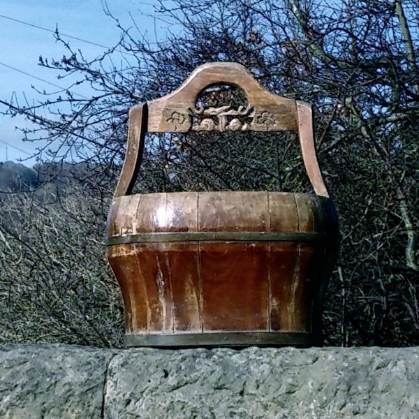 Large Antique 19th Century Chinese Water or Rice Bucket with Carved Handle / Old Wood & Iron Well Pail  / Unusual Storage or Display Piece