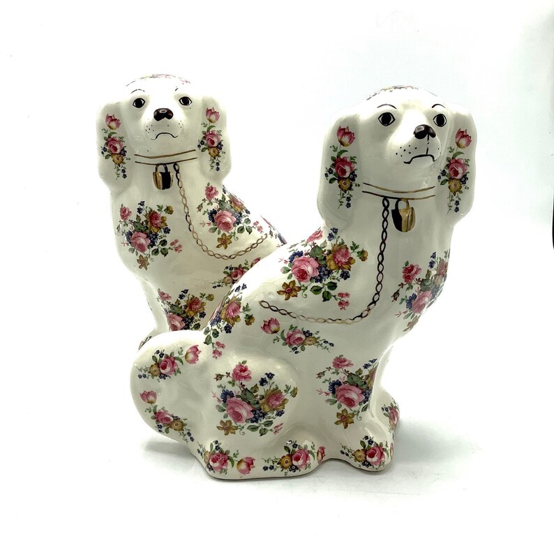 Floral Mantelpiece Wally Dogs A Charming Pair of Tall 22cm Vintage Staffordshire Dogs