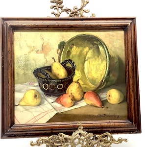 Original Still Life “Study in Pears” Oil Painting by Robert Pailloux (Signed) Dated Circa 1930 within a 16th - 19th Century Wooden Frame