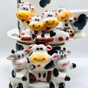 Cute 6-Piece Moo Cow Breakfast Set incl. Cereal Bowl, Plate, Mug, Egg Cup plus Hugging Cows Salt & Peppers Shakers / Great Gift for Breeder!