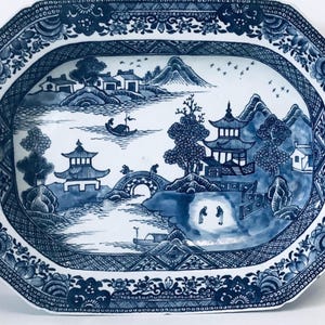 Mid 1700’s Large QAINLONG (1736-95) BLUE & WHITE Deep Meat Plate / Antique Oblong Bowl with Rare Chinese Pattern /18th Century Tableware