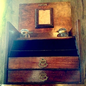 Very Rare: Large 19th Century Antique Cabinet with Writing Slope & Victorian Ephemera / Gentleman's Correspondence Case