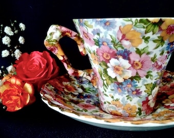 JAMES KENT CHINTZ Tea Cup & Saucer Duo, Beautiful Cabinet Ware,  Sought-after &#39;Du Barry&#39; Pattern, Special Occasion Treat, Collectible Chintz