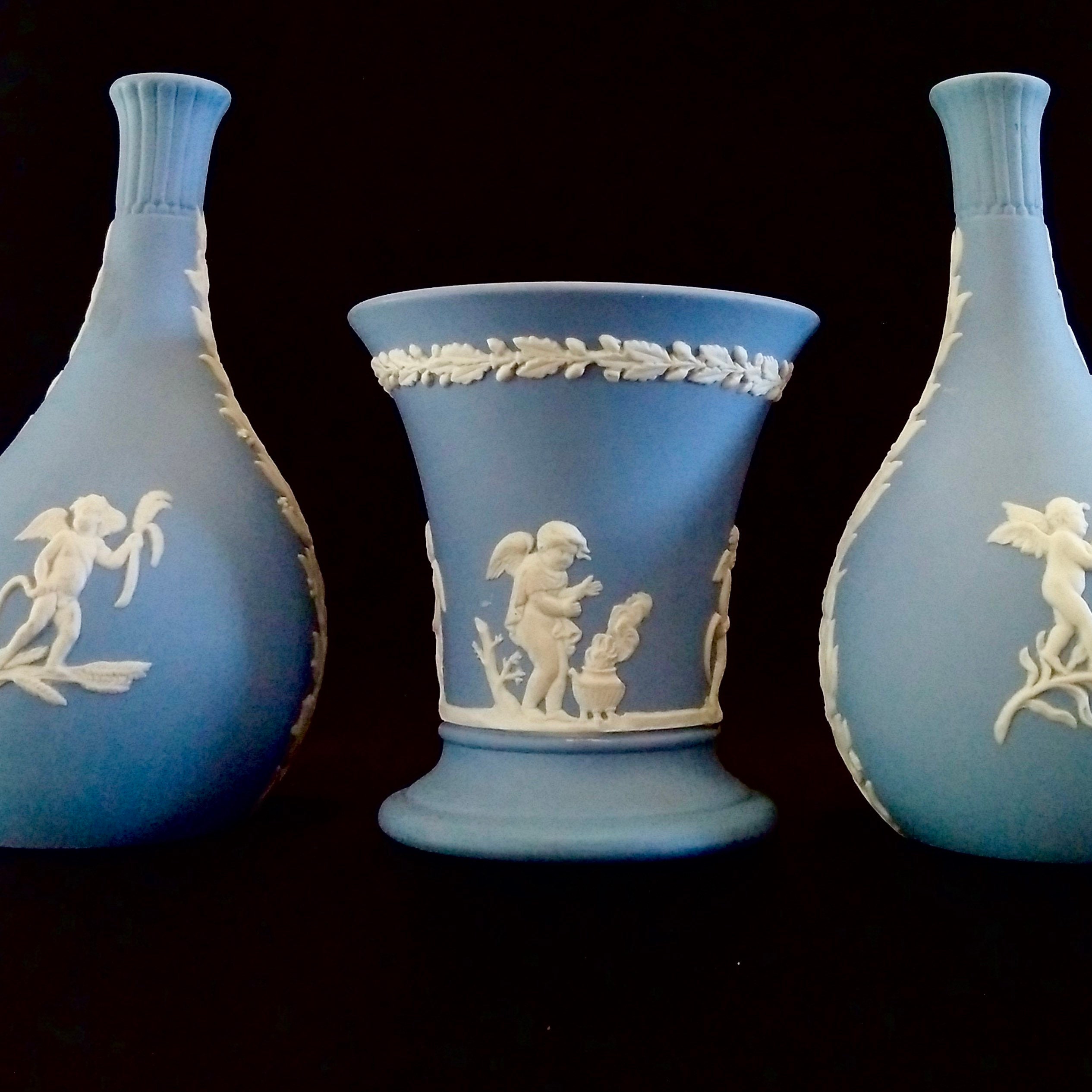  ブルージャスパー 花瓶、小物入れ アンサンブル（2点セット） ウェッジウッド ジャスパー 花瓶 ペールブルー フラワーベース 壺