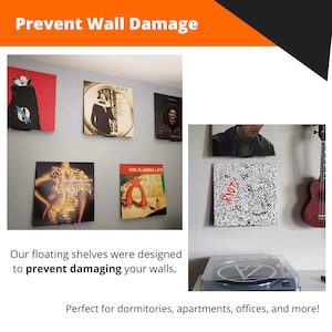 Puede incluir: Un conjunto de estantes flotantes negros montados en una pared, que sostienen discos de vinilo. Los estantes est&aacute;n dise&ntilde;ados para evitar da&ntilde;os en la pared. El texto "Prevent Wall Damage" se muestra en la parte superior de la imagen.