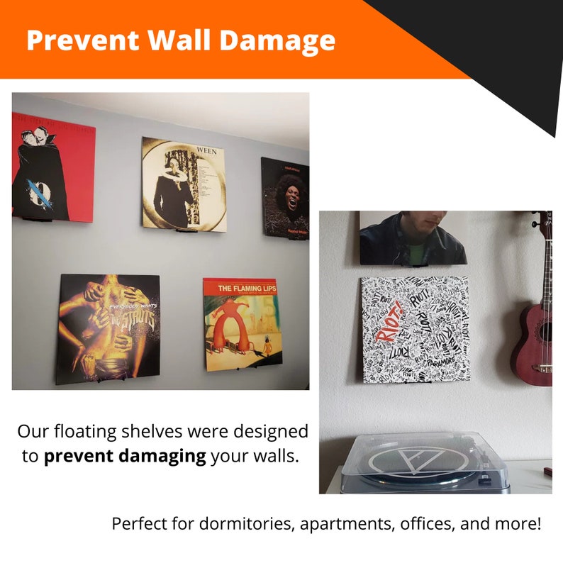 Puede incluir: Un conjunto de estantes flotantes negros montados en una pared, que sostienen discos de vinilo. Los estantes est&aacute;n dise&ntilde;ados para evitar da&ntilde;os en la pared. El texto "Prevent Wall Damage" se muestra en la parte superior de la imagen.