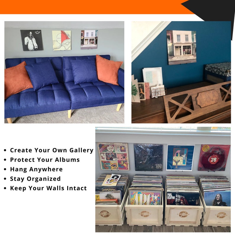Puede incluir: Un conjunto de cuatro cajas de madera con discos de vinilo expuestos en ellas. Las cajas est&aacute;n etiquetadas con el texto "Record Crate". Los discos se muestran verticalmente en las cajas. Las cajas est&aacute;n en un estante con una pared blanca detr&aacute;s de ellas.