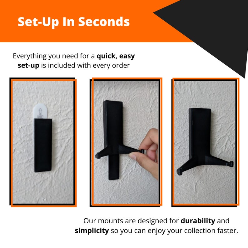 Puede incluir: Un soporte de pared negro con un dise&ntilde;o simple para exhibir art&iacute;culos. El soporte se muestra instalado en una pared con un fondo blanco. El texto "Set-Up In Seconds" es visible en la parte superior de la imagen. El texto "Everything you need for a quick, easy set-up is included with every order" es visible debajo de la imagen del soporte de pared. El texto "Our mounts are designed for durability and simplicity so you can enjoy your collection faster." es visible en la parte inferior de la imagen.