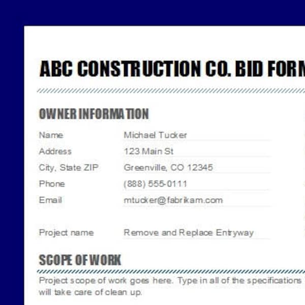 Construction Bid Template Etsy
