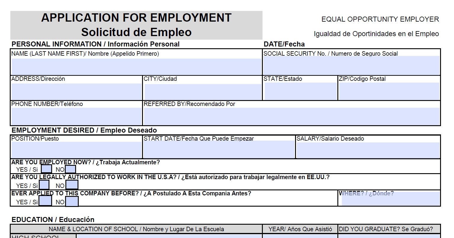 Application For Employment Bilingual English spanish Etsy Israel