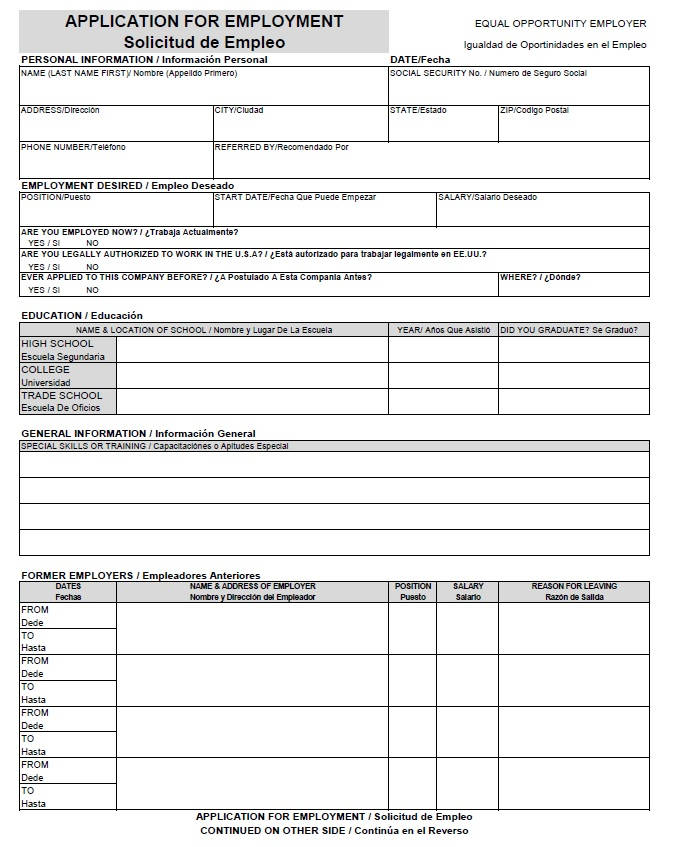 Application for Employment Bilingual English/spanish Etsy